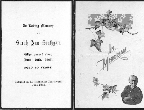 Sarah Ann Southgate Funeral Card